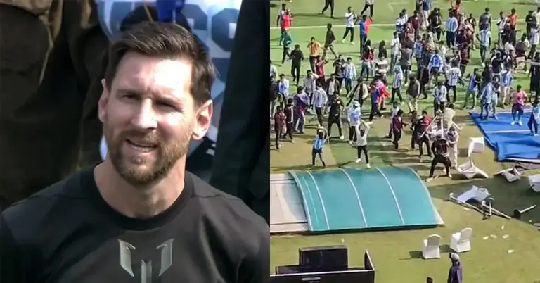 নিরাপত্তাকর্মীদের ভিড়ে মেসিকে দেখতে না পেয়ে বোতল ছুড়তে দেখা গেছে দর্শকদের